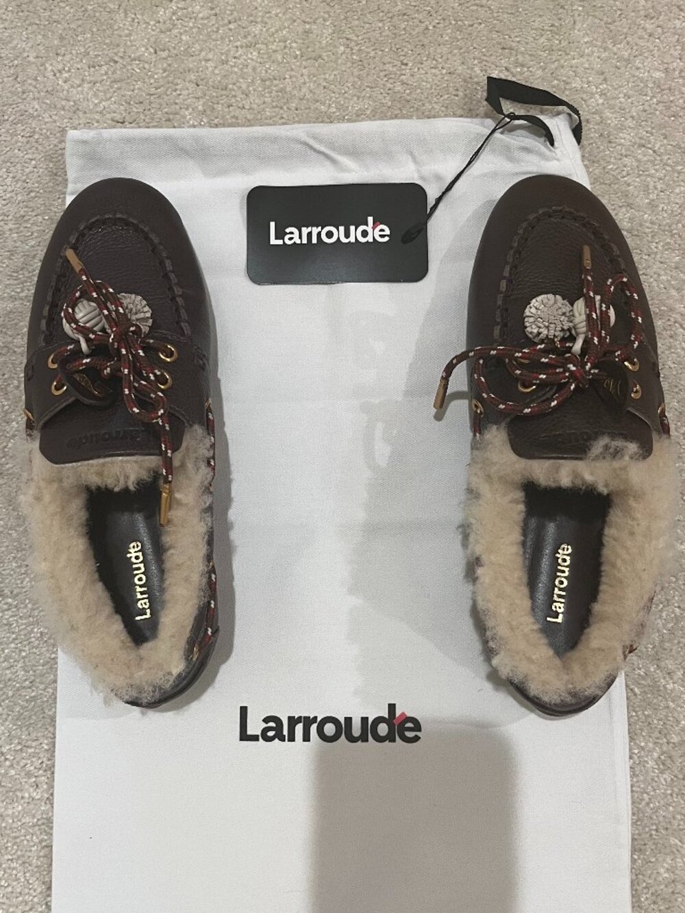 LARROUDE Cyprus Boat Shoe In Brown Leather and Natural Shearling- Size 6.5